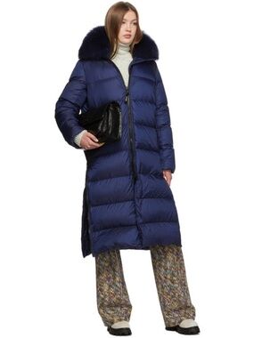 Yves Salomon Army Navy Blue Fox Fur Duck down Feather Puffer Parka Coat 34 s/m